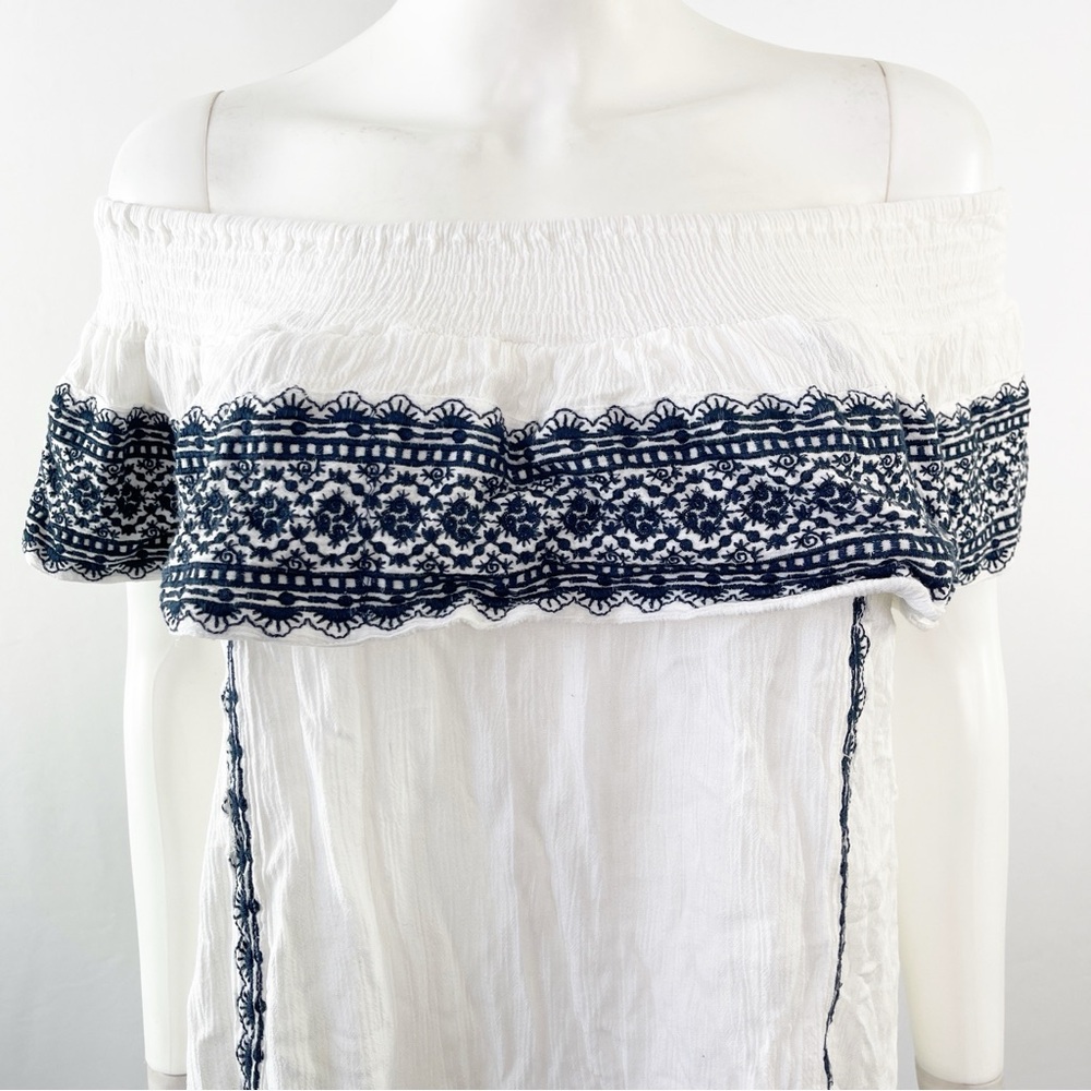 Muche & Muchette Dress White Off The Shoulder GAVIN Blue Embroidery One Size - Picture 2 of 10